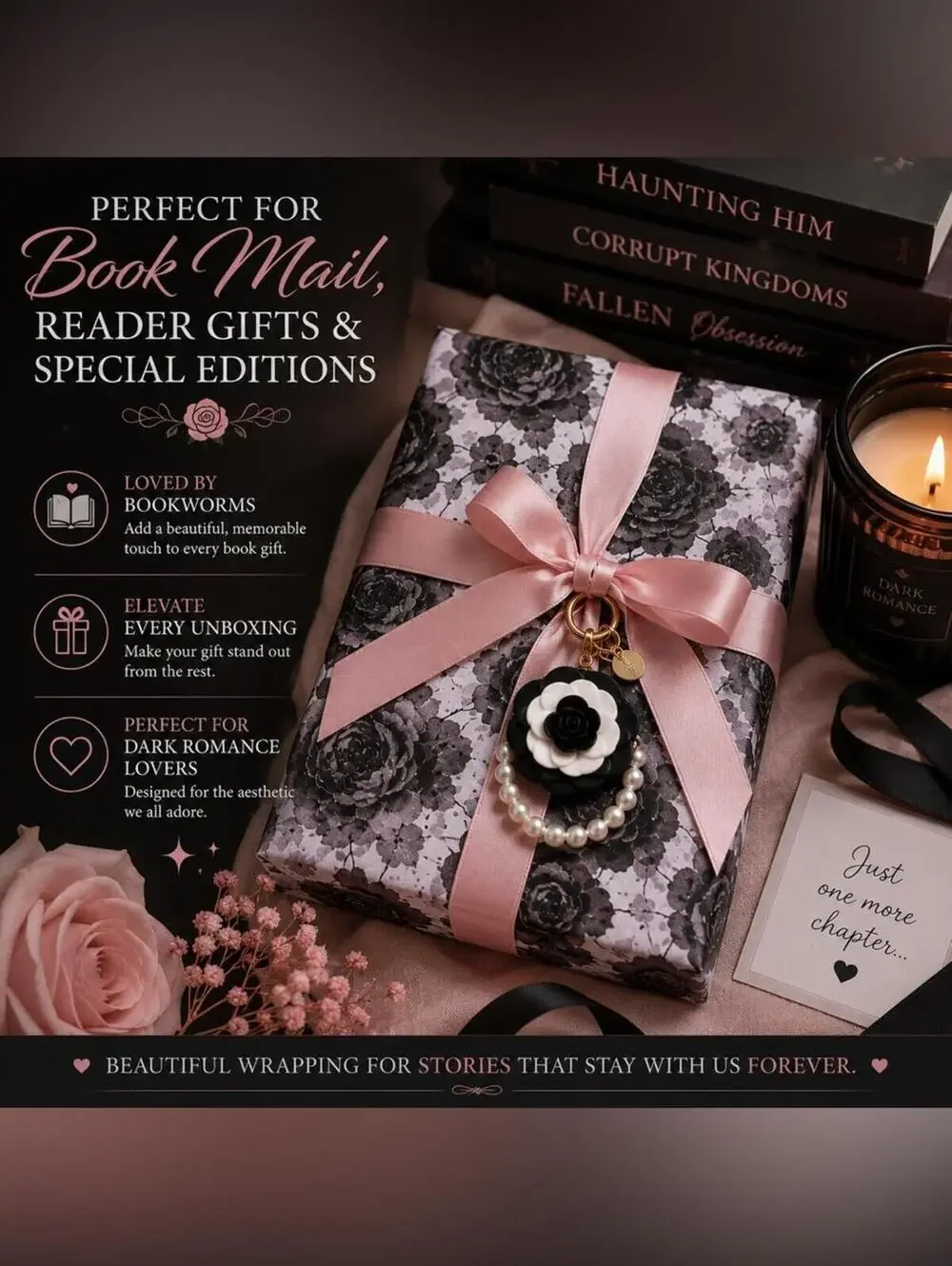 Dark Romance Gift Wrap Bundle 20 Rose Sheets Purse Charm Keychain